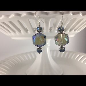 Handmade Earrings Octagon Transparent/Blue Iridescent .925SS